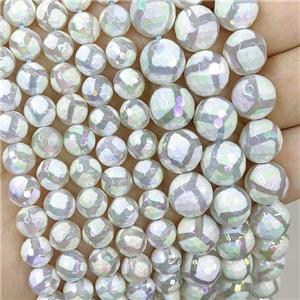 White Tibetan Agate Beads Football Faceted Round AB-Color Electroplated, approx 10mm dia [GA2705-10MM]