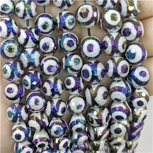 Black Tibetan Agate Beads Evil Eye Faceted Round Rainbow Electroplated, approx 12mm dia [GA2707-12MM]