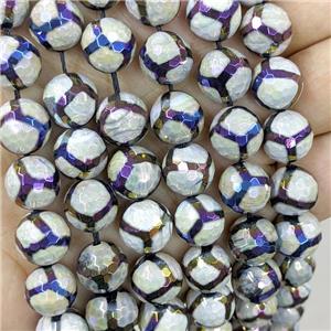 Tibetan Agate Beads Football Faceted Round Rainbow Electroplated, approx 12mm dia [GA2708-12MM]