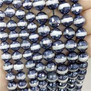 Black Tibetan Agate Beads Line Faceted Round Light Electroplated, approx 12mm dia [GA2711-12MM]