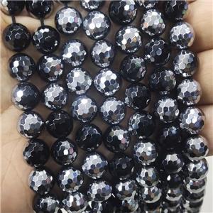 Natural Black Onyx Agate Beads Faceted Round Half Silver Electroplated, approx 10mm dia [GA2801-10MM]