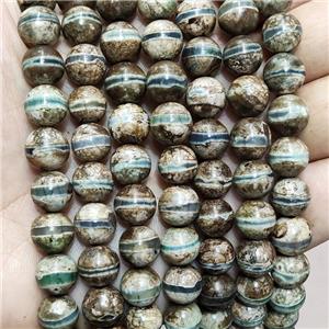 Tibetan Agate Beads Smooth Round Khaki Line, approx 10mm dia [GA2807]