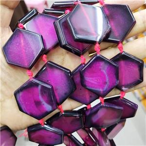 Natural Agate Beads Hexagon Hotpink Dye, approx 35-40mm, 9pcs per st [GA2878]