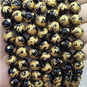 Natural Black Onyx Agate Beads Round Carved, approx 14mm dia [GA2913-14MM]