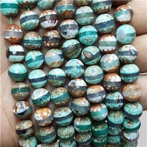 Tibetan Agate Beads Faceted Round Line Green, approx 10mm dia [GA2924]