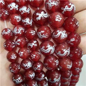 Natural Agate Beads Red Dye Round Carved Dragon, approx 10mm dia [GA3130-10MM]