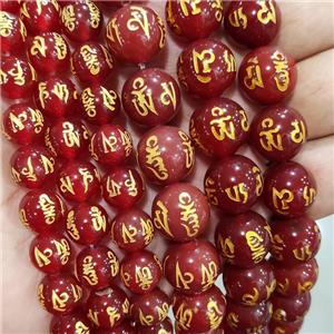Natural Agate Buddhist Beads Red Dye Round Carved Om Mani Padme Hum, approx 14mm dia [GA3134-14MM]