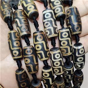 Tibetan Style Agate Barrel Beads Evil Eye Yellow Black Rice, approx 14-30mm, 9pcs per st [GA3162]