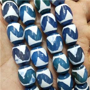 Tibetan Style Agate Barrel Beads Wave White Blue, approx 12-16mm, 22pcs per st [GA3182]