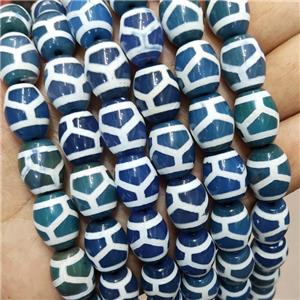 Tibetan Style Agate Barrel Beads Turtleback Blue, approx 12-16mm, 22pcs per st [GA3183]