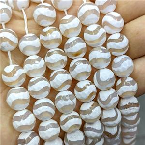 Tibetan Agate Beads Faceted Round Wave White B-Grade, approx 12mm dia [GA3338]