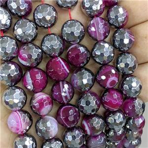 Natural Stripe Agate Beads Faceted Round Hotpink Dye Platinum Plated, approx 12mm dia [GA3475]