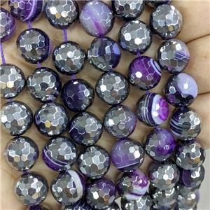 Natural Stripe Agate Beads Faceted Round Purple Dye Platinum Plated, approx 12mm dia [GA3477]