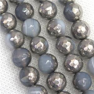 faceted round gray Agate beads, half silver plated, approx 12mm dia [GB12021-12MM]