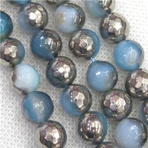 faceted round blue Agate beads, half silver plated, approx 12mm dia [GB12022-12MM]