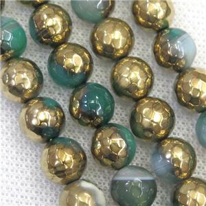 faceted round green Agate beads, half gold electroplated, approx 12mm dia [GB12024-12MM]