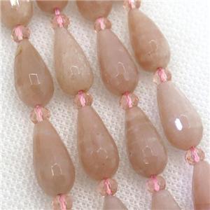 peach Moonstone beads, faceted teardrop, approx 8-15mm [GB12369]