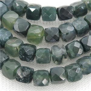 green Moss Agate Beads, faceted cube, approx 7mm [GB12834]