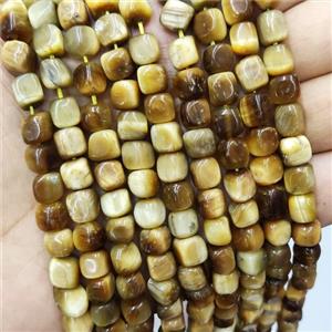 Tiger Eye Stone Cube Beads Gold, approx 7-8mm [GB16124]