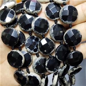 Black Agate Beads Faceted Coin, approx 20mm, 17pcs per st [GB16164]