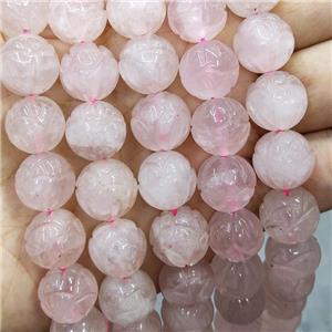 Pink Rose Quartz Beads Carved Round Flower, approx 14mm dia [GB16527]