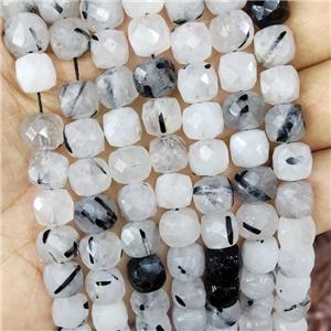 Natural Rutilated Quartz Beads Black Faceted Cube, approx 9-10mm [GB16586]
