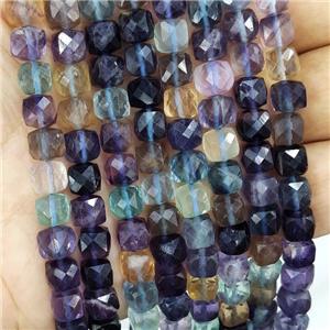 Natural Fluorite Beads Multicolor Faceted Cube, approx 7-8mm [GB16632]