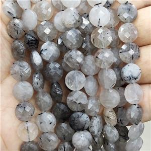 Natural Rutilated Quartz Beads Black Faceted Circle, approx 10mm [GB17062]