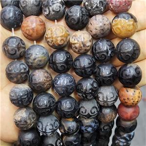 Natural Wood Petrified Jasper Beads Black Carved, approx 16mm dia [GB17110]