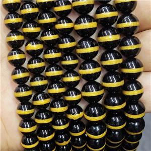 Black Tibetan Style Agate Beads Smooth Round Gold Line, approx 12mm dia [GB17113-12MM]
