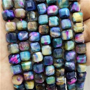 Tiger Eye Stone Beads Multicolor Faceted Cube, approx 8-10mm [GB17699]