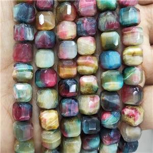 Tiger Eye Stone Beads Multicolor Faceted Cube, approx 8-10mm [GB17701]