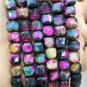 Tiger Eye Stone Beads Multicolor Faceted Cube, approx 8-10mm [GB17702]