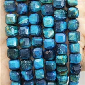 Tiger Eye Stone Beads Blue Faceted Cube, approx 8-10mm [GB17704]