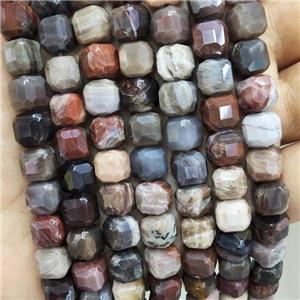 Natural Wood Petrified Jasper Beads Faceted Cube, approx 8-10mm [GB17708]