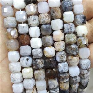 Natural Bamboo Agate Beads Zhuye Faceted Cube, approx 8-10mm [GB17709]