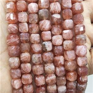 Natural Peach Sunstone Beads Golden Spot Faceted Cube, approx 7-8mm [GB17753]