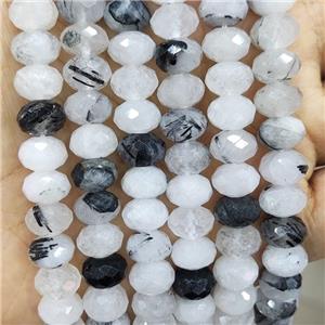 Natural Black Rutilated Quartz Beads Faceted Rondelle, approx 8mm [GB17858]