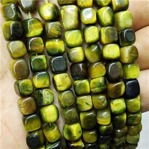 Natural Tiger Eye Stone Cube Beads Olive Dye, approx 7-8mm [GB18014]