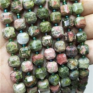 Natural Unakite Beads Faceted Cube Green, approx 8-9mm [GB18405]
