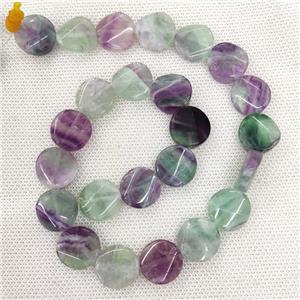 Natural Fluorite Beads Coin Flat Multicolor Twist, approx 16mm [GB18847]