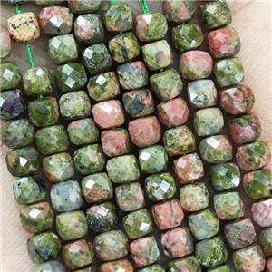 Natural Unakite Beads Green Faceted Cube, approx 3.7-4.4mm [GB18965]
