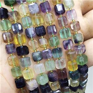 Natural Fluorite Beads Multicolor Faceted Cube, approx 7-8mm [GB19177]