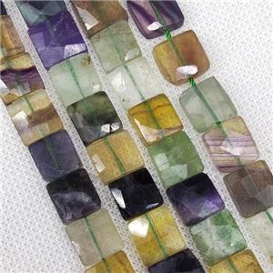 Natural Fluorite Beads Multicolor Faceted Square, approx 10-11mm [GB19184]