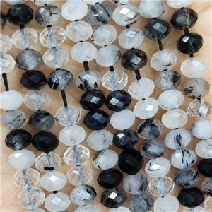 Natural Black Rutilated Quartz Beads Faceted Rondelle, approx 4.7-5.5mm [GB19360]