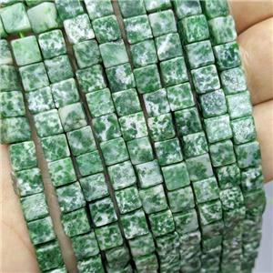 Natural Green Dalmatian Jasper Cube Beads, approx 6mm [GB21275]