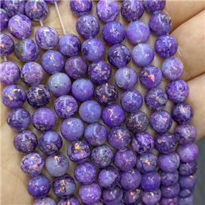 Natural Marble Round Beads Pave Gold Foil Smooth Purple Dye , approx 8mm [GB21385-8MM]