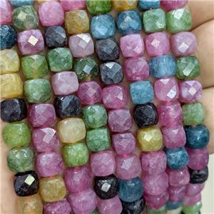 Natural Jade Beads Mixed Color Dye Faceted Cube, approx 7-8mm [GB21598]
