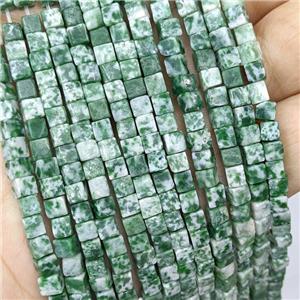 Natural Green Dalmatian Jasper Cube Beads, approx 4mm [GB21797]