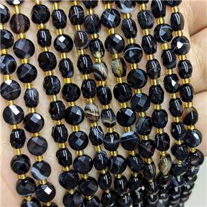 Natural Black Stripe Agate Beads Band Dye Faceted Coin, approx 6mm [GB22367]